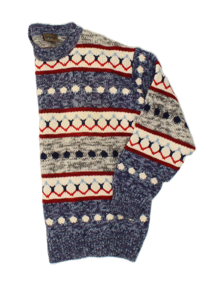 SEVRES Herren-Pullover mit Rundhalsausschnitt, IT 50, mittelblaue Fair-Isle-Wolle