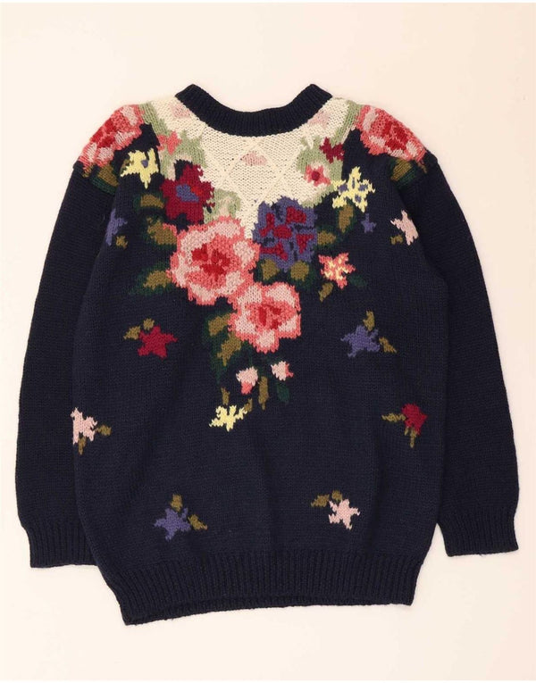 Vintage Womens Boat Neck Jumper Sweater UK 16 Large Navy Blue Floral Wool