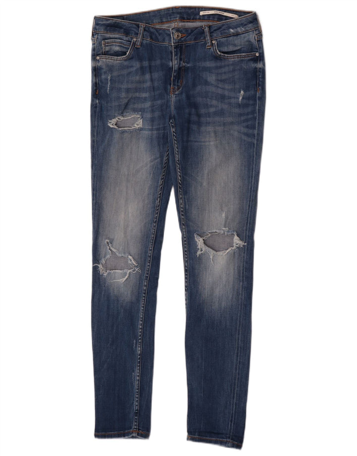 Zara Damen Distressed Mid Rise Slim Jeans EU 40 Medium W30 L30 Blaue Baumwolle