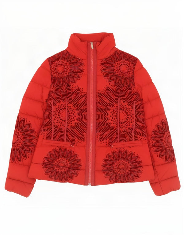 Desigual Womens Graphic Wattierte Jacke EU 42 Großes rotes geometrisches Polyester