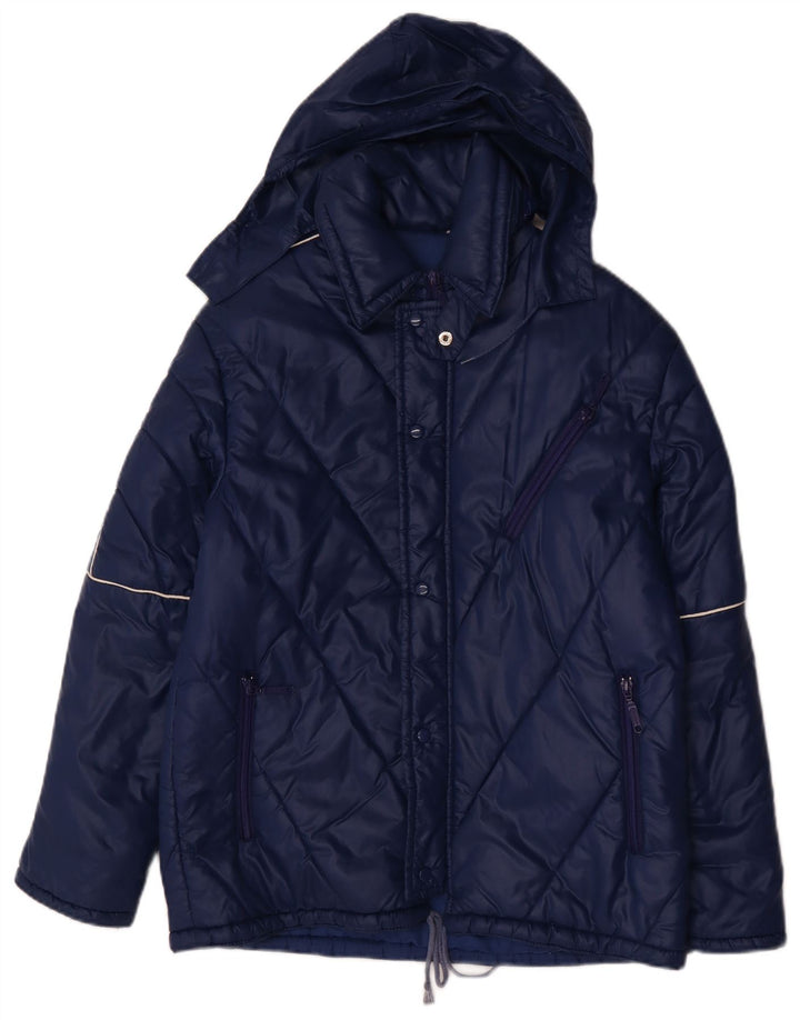 Wattierte Vintage-Herrenjacke mit Kapuze, Größe 48, mittelmarineblaues Polyamid