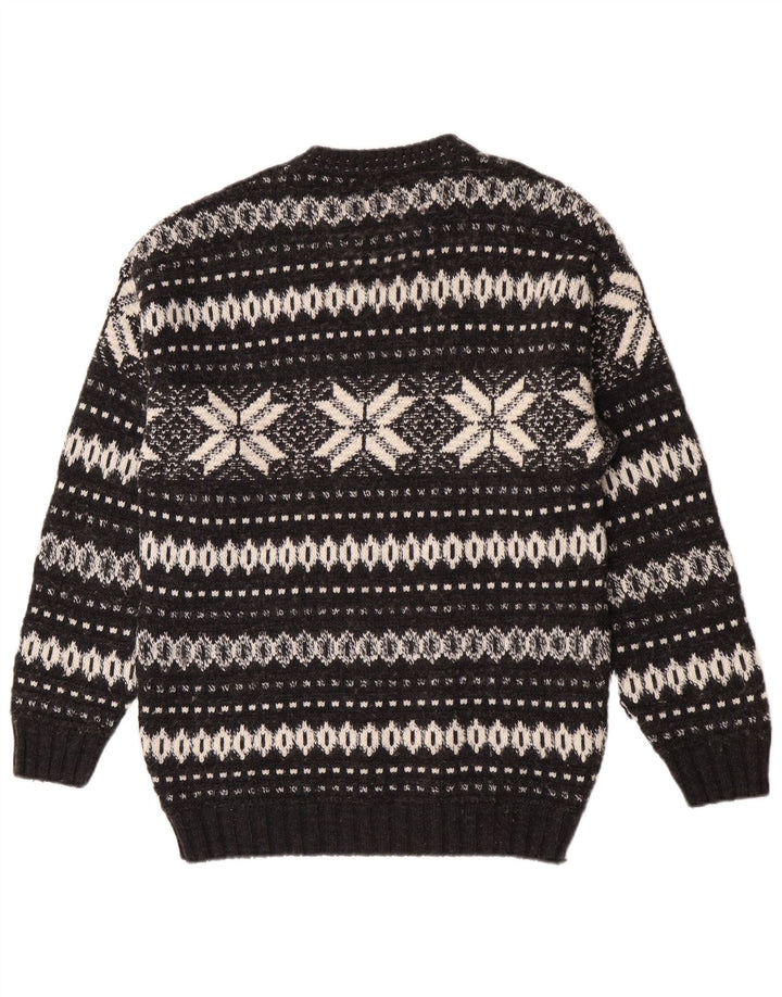 Vintage Herren Pullover mit Rundhalsausschnitt, groß, Schwarz, Fair Isle