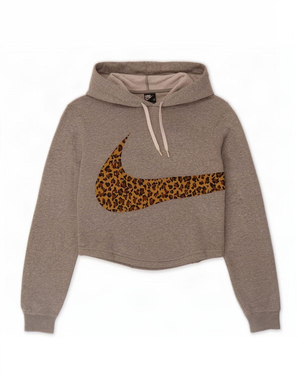 Nike Womens Graphic Crop Hoodie Jumper UK 6 XS Grey Animal Print Cotton