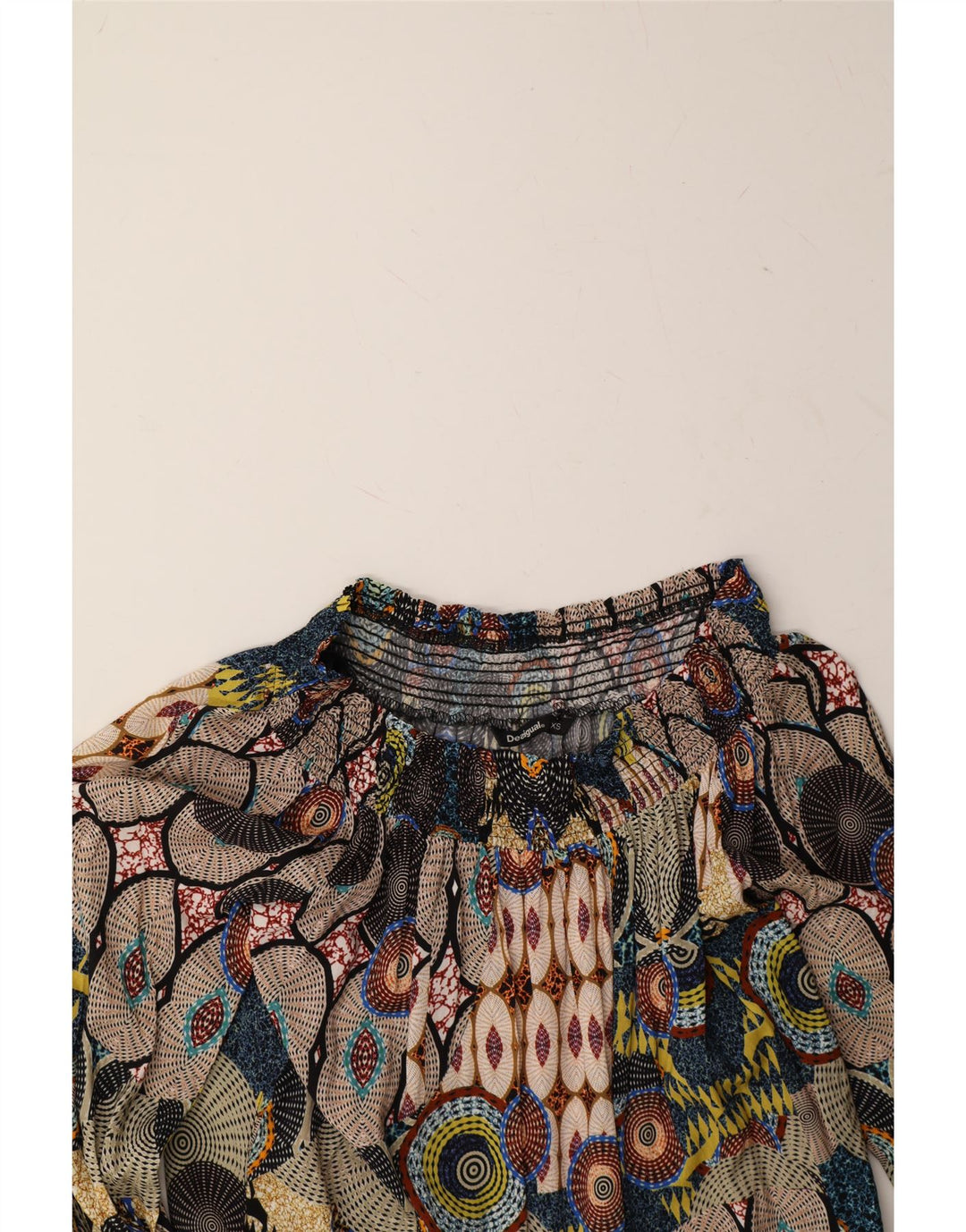 DESIGUAL Womens Abstract Pattern Blouse Top UK 6 XS Beige Geometric Vintage Desigual and Second-Hand Desigual from Messina Hembry 