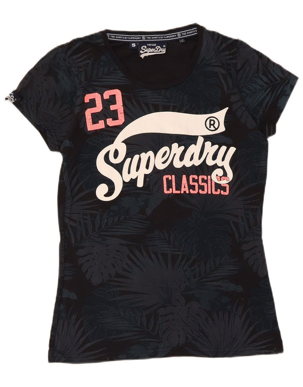 Superdry Damen Grafik-T-Shirt-Oberteil UK 10 Small Schwarz geblümt Baumwolle