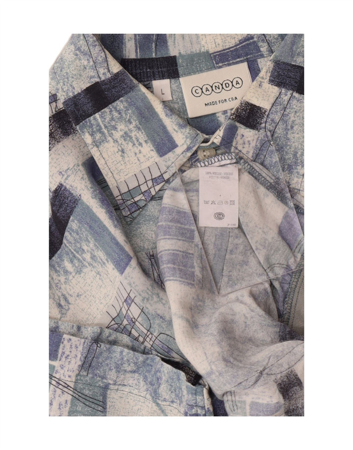 CANDA Mens Short Sleeve Pullover Shirt Large Blue Patchwork Viscose Vintage Canda and Second-Hand Canda from Messina Hembry 