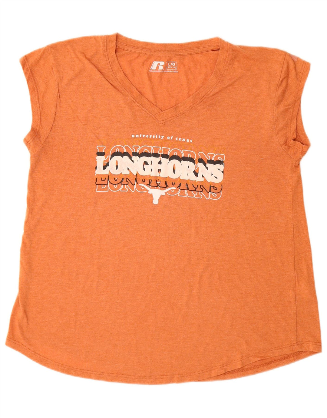 Russell Athletic Damen-T-Shirt mit Grafik, US 12/14, großes orangefarbenes Polyester