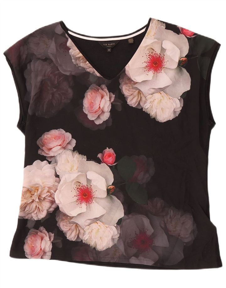 Ted Baker Damen-Blusenoberteil, Größe 4, groß, schwarzes, geblümtes Polyester