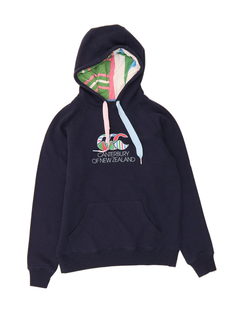 CANTERBURY Womens Graphic Hoodie Jumper UK 12 Medium Navy Blue Cotton Vintage Canterbury and Second-Hand Canterbury from Messina Hembry 