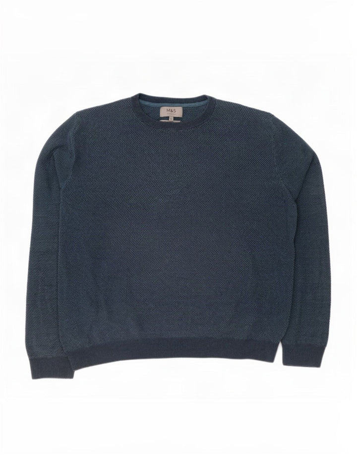 Marks & Spencer Herren-Pullover mit Rundhalsausschnitt, Größe L, aus blauer Baumwolle