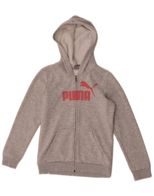 Puma Mädchen-Kapuzenpullover mit grafischem Reißverschluss, 11–12 Jahre, grau gefleckte Baumwolle