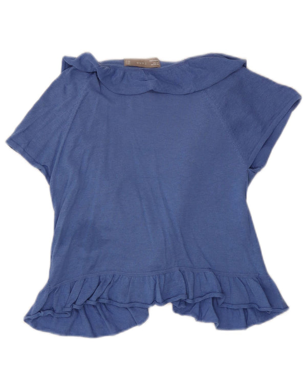 Zara Damen-Cardigan-Oberteil mit kurzen Ärmeln und Rüschen vorne, UK-Gr. 12, mittelblaue Baumwolle