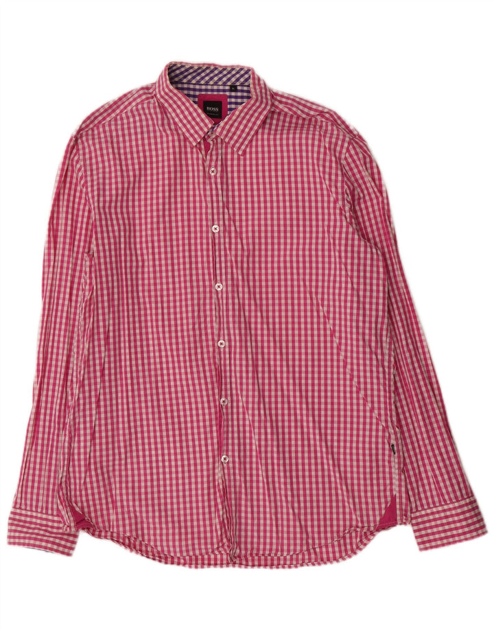 Hugo Boss Herren-Hemd mit normaler Passform, XL, rosa Gingham-Baumwolle