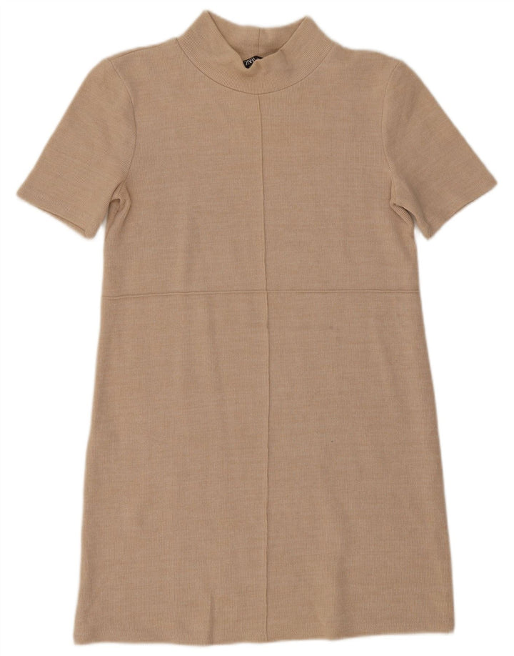Zara Damen Etuikleid mit kurzen Ärmeln, Gr. 10, Größe S, Beige