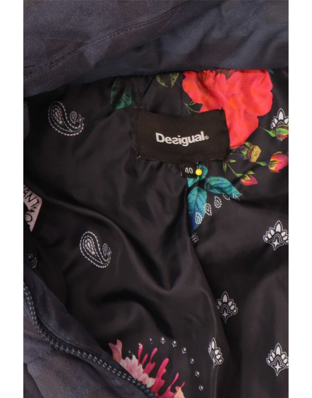 Desigual Womens Graphic Hooded Wattierter Mantel EU 40 Mittelmarineblaues Polyester