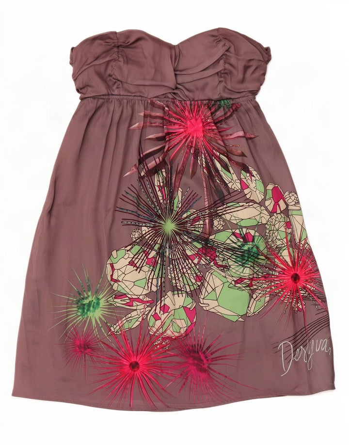 Desigual Damen Trägerloses Kleid EU 38 Mittelgraues Blumenmuster aus Polyester