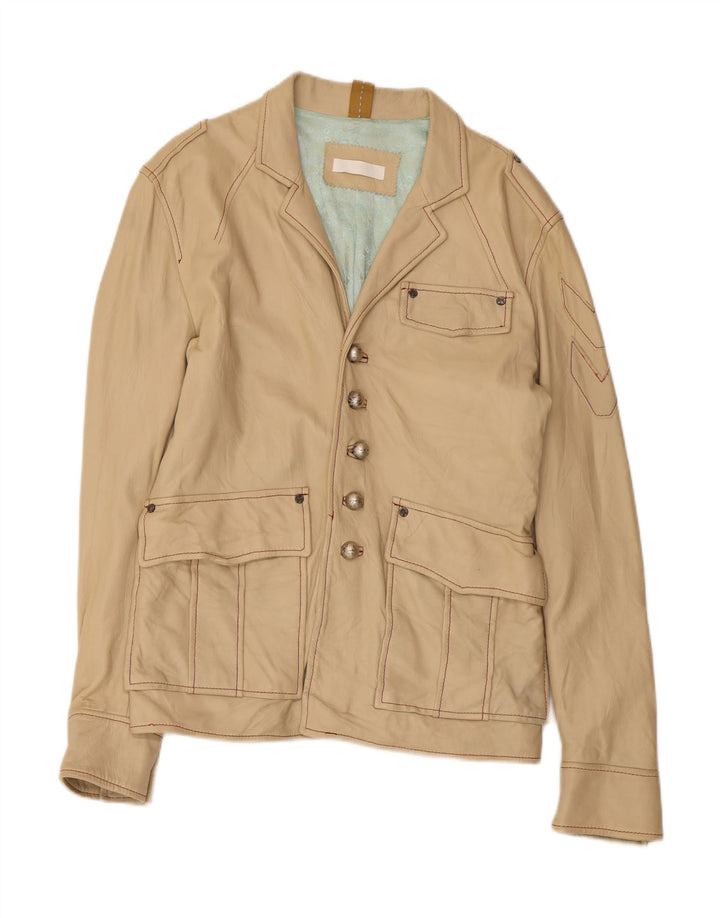 VINTAGE Mens Leather Jacket IT 50 Large Beige Leather