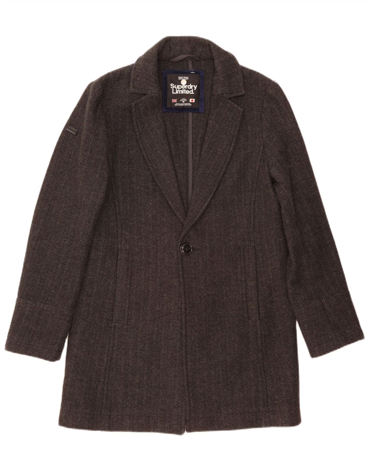 Superdry Herren-Mantel XS, graue Wolle mit Fischgrätenmuster