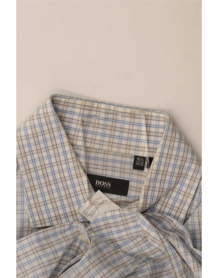 Hugo Boss Herren-Hemd mit normaler Passform, Größe 16 1/2, große blaue Gingham-Baumwolle