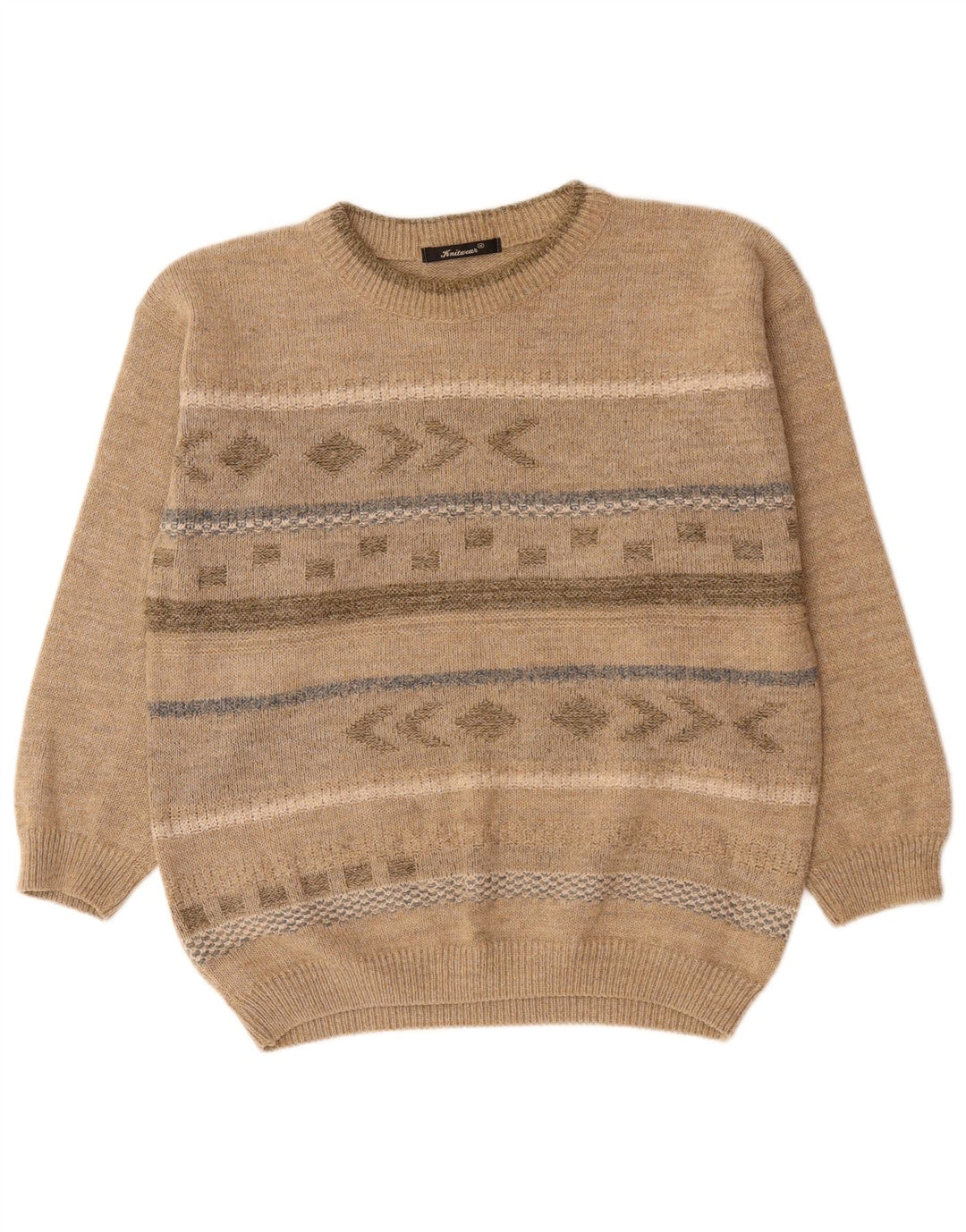 Vintage Herren-Pullover mit Rundhalsausschnitt, Mittelbeige, Fair-Isle-Acryl