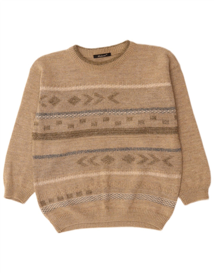 Vintage Herren-Pullover mit Rundhalsausschnitt, Mittelbeige, Fair-Isle-Acryl