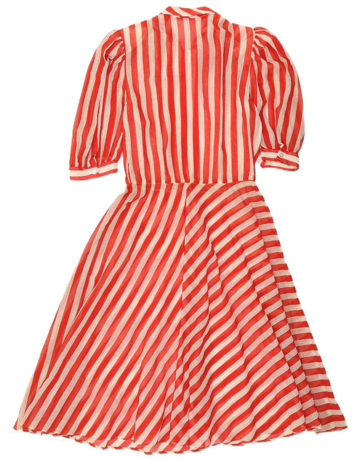 Vintage Damen Maxikleid mit Vorderkrawatte UK 12 Mittelrot gestreift