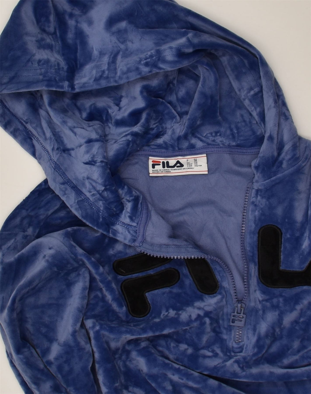 FILA Womens Velour Graphic Hoodie Jumper UK 6 XS Blue Polyester | Vintage Fila | Thrift | Second-Hand Fila | Used Clothing | Messina Hembry 