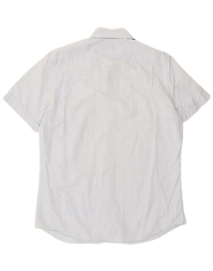 Massimo Dutti Herren-Kurzarmhemd, groß, blaue Nadelstreifen-Baumwolle