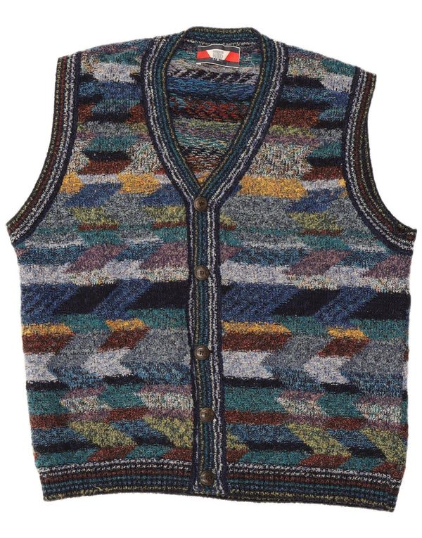 Vintage Herren Ärmelloser Cardigan Pullover XL Mehrfarbige geometrische Wolle