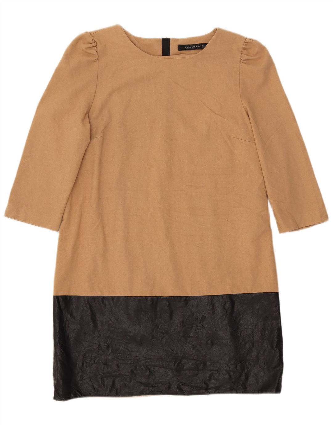 Zara Damen-Etuikleid mit 3/4-Ärmeln, Gr. 44, Beige, Farbblock-Polyester