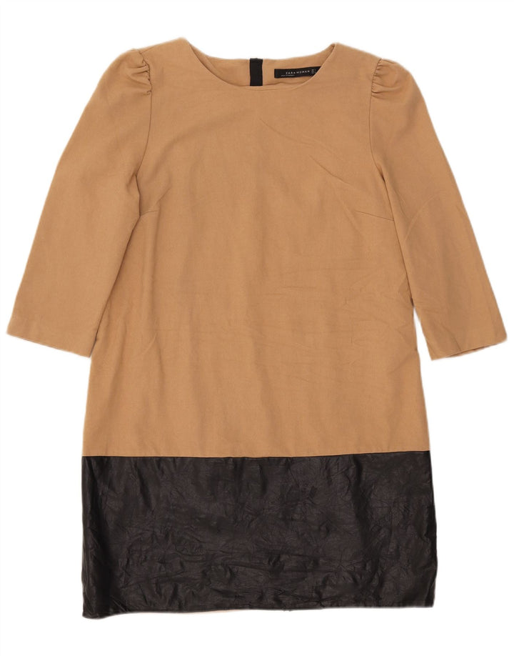Zara Damen-Etuikleid mit 3/4-Ärmeln, Gr. 44, Beige, Farbblock-Polyester