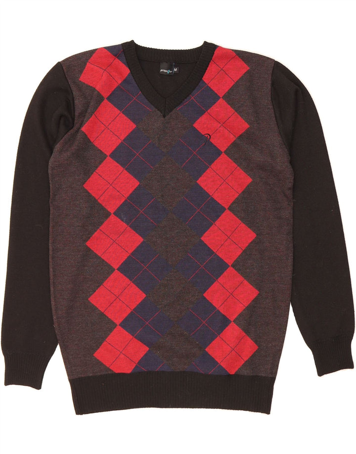 VINTAGE Mens V-Neck Jumper Sweater Medium Black Argyle/Diamond Polyester Vintage Vintage and Second-Hand Vintage from Messina Hembry 
