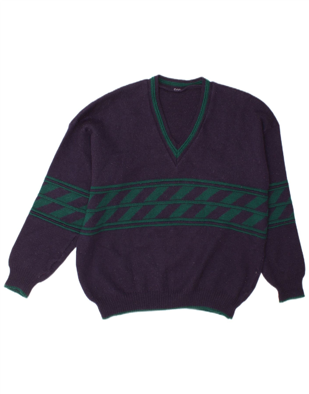 Vintage Herren Pullover mit V-Ausschnitt, groß, marineblau gestreift