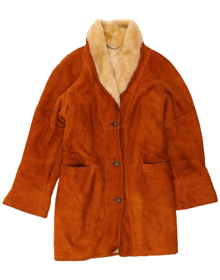 Vintage Damen Loose Fit Shearling Mantel IT 48 XL Braunes Leder