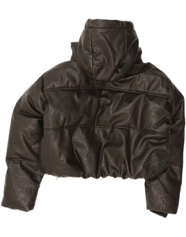Zara Damen Übergroße, wattierte Kunstlederjacke mit Kapuze, UK 14, Mittelschwarz