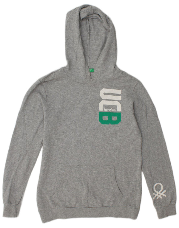 Benetton Jungen-Pullover mit grafischem Kapuzenpullover, 11–12 Jahre, 2XL, grau gefleckte Baumwolle