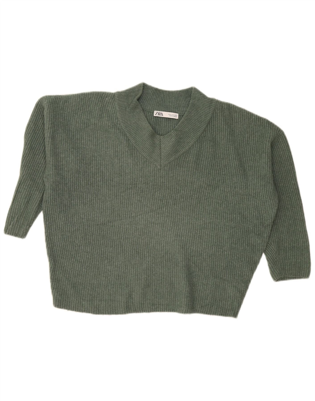Zara Damen-Pullover, übergroß, bauchfrei, V-Ausschnitt, Gr. 10, Größe S, Grün