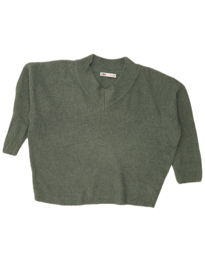 Zara Damen-Pullover, übergroß, bauchfrei, V-Ausschnitt, Gr. 10, Größe S, Grün