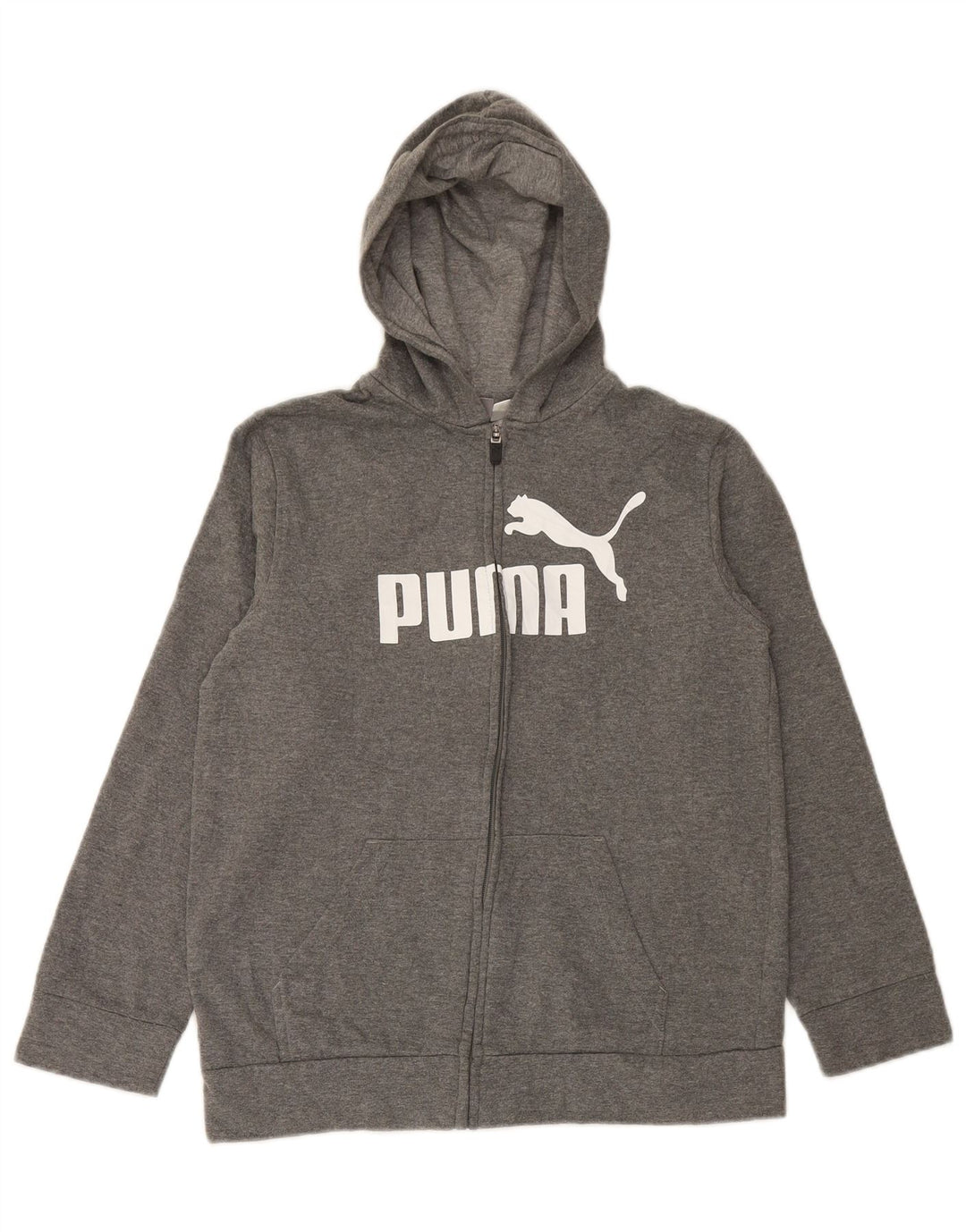 PUMA Jungen-Kapuzenpullover mit grafischem Reißverschluss, 12–13 Jahre, groß, graue Baumwolle