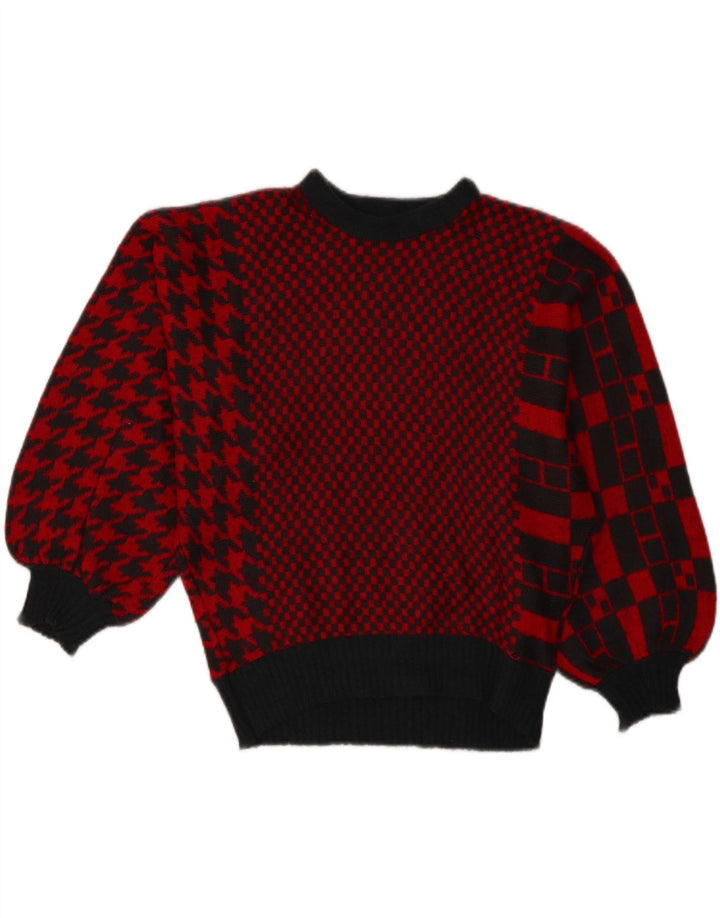 Vintage Damen Pullover mit U-Boot-Ausschnitt, UK 14, großes rotes Patchwork-Acryl