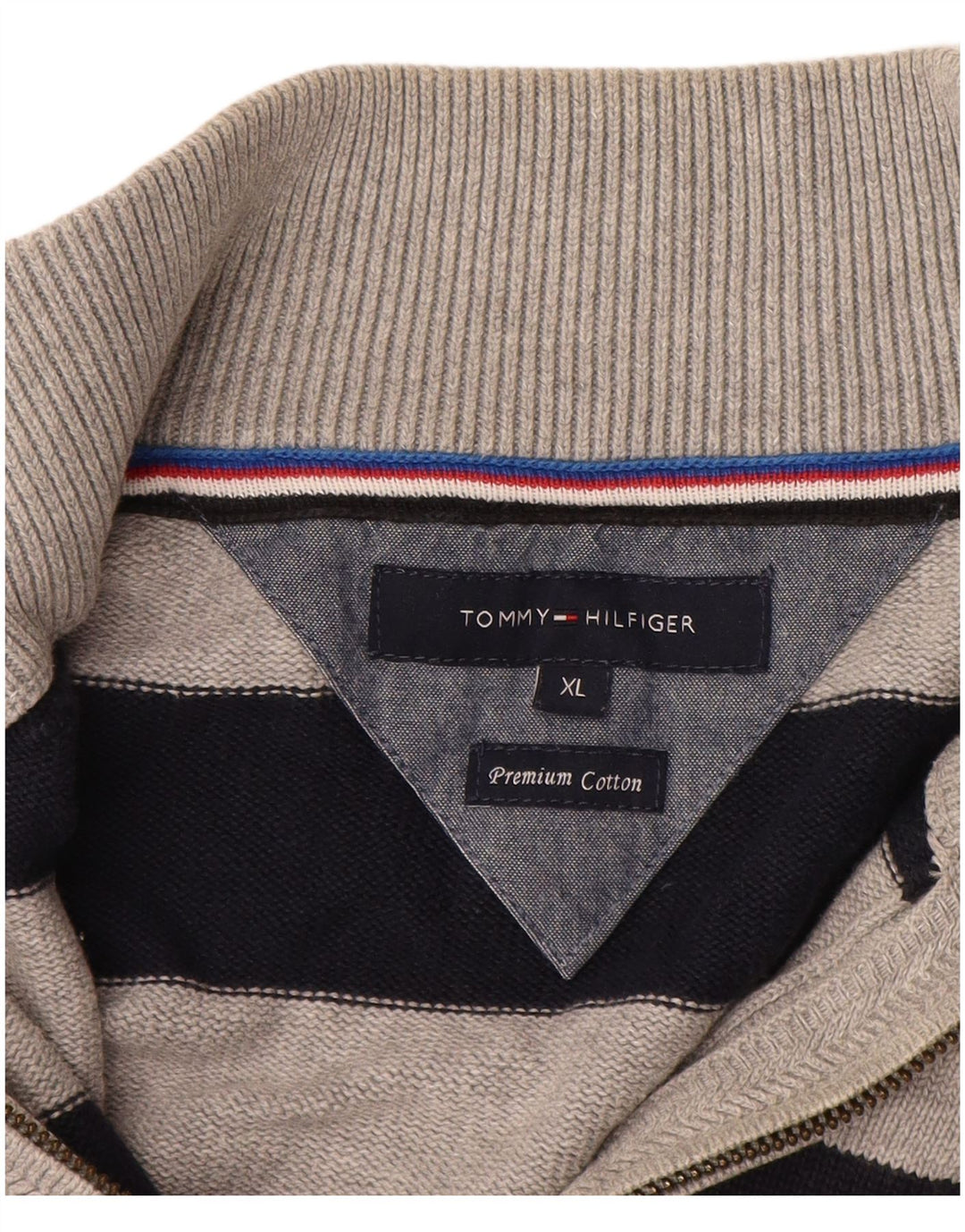 TOMMY HILFIGER Mens Zip Neck Jumper Sweater XL Black Striped Cotton