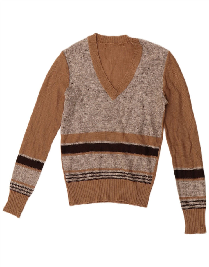 Vintage Damen Crop V-Ausschnitt Pullover Pullover IT 44 Mittelbraun gestreift