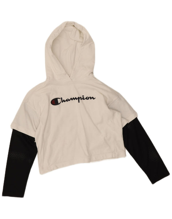Champion Womens Graphic Crop Hoodie Pullover UK 6 XS Weiße Colourblock-Baumwolle