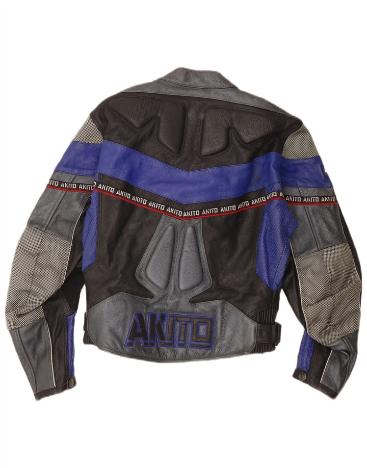 Akito Womens Graphic Leder Racer Jacke UK 12 Medium Black Colourblock