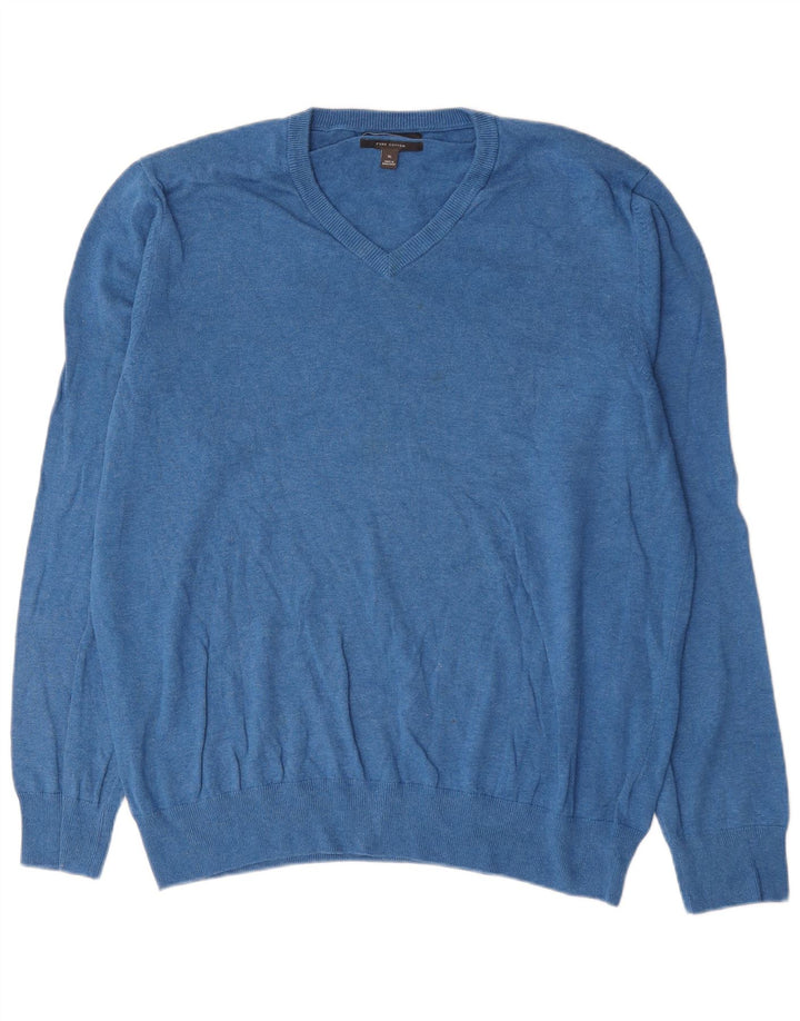 Marks & Spencer Herren-Pullover mit V-Ausschnitt, XL, blaue Baumwolle