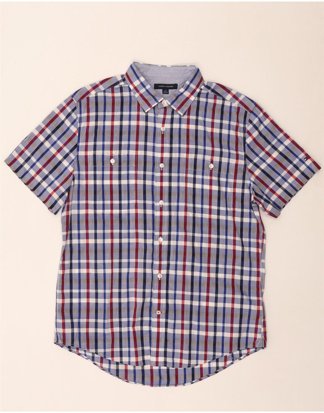 Tommy Hilfiger Herren-Kurzarmhemd, groß, blau kariert, Baumwolle