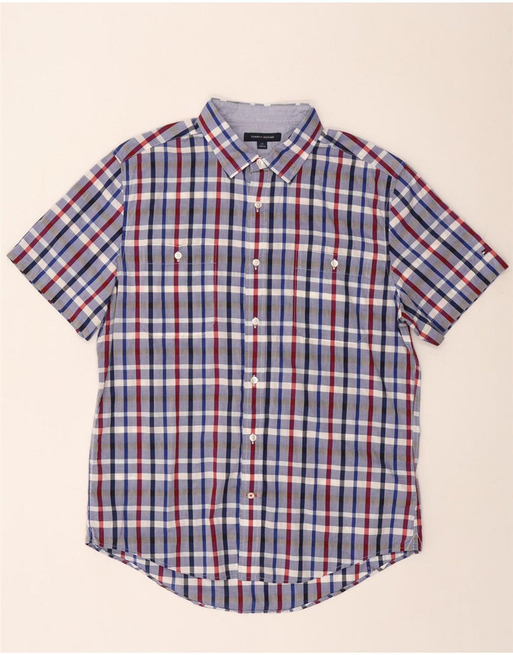 Tommy Hilfiger Herren-Kurzarmhemd, groß, blau kariert, Baumwolle