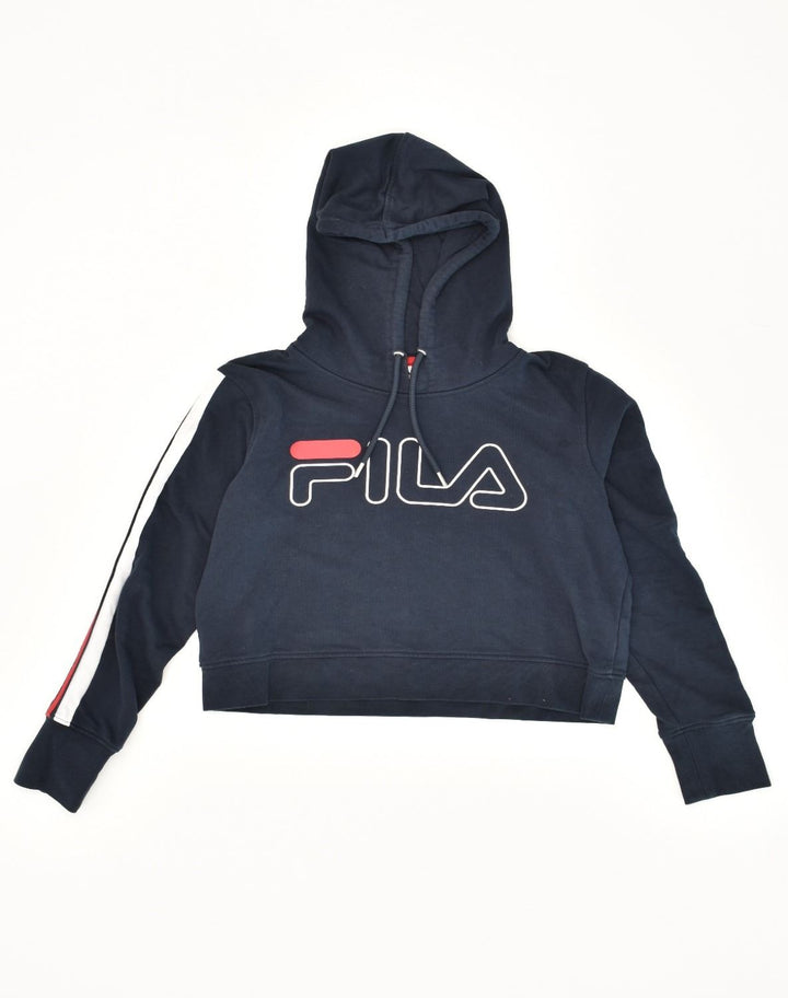 FILA Womens Graphic Crop Hoodie Jumper UK 10 Small Navy Blue Cotton | Vintage Fila | Thrift | Second-Hand Fila | Used Clothing | Messina Hembry 