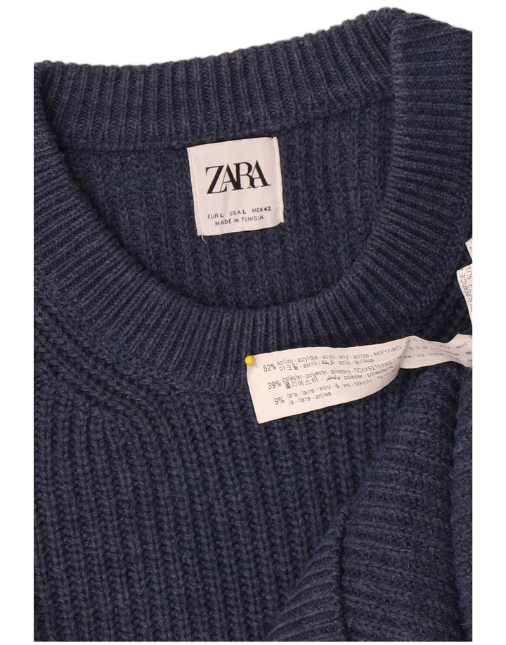 Zara Herren-Pullover mit Rundhalsausschnitt, groß, blaues Acryl