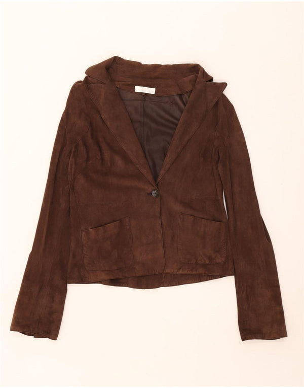 Latramoda Damen-Blazer aus Wildleder mit 1 Knopf, IT 46, großes braunes Leder